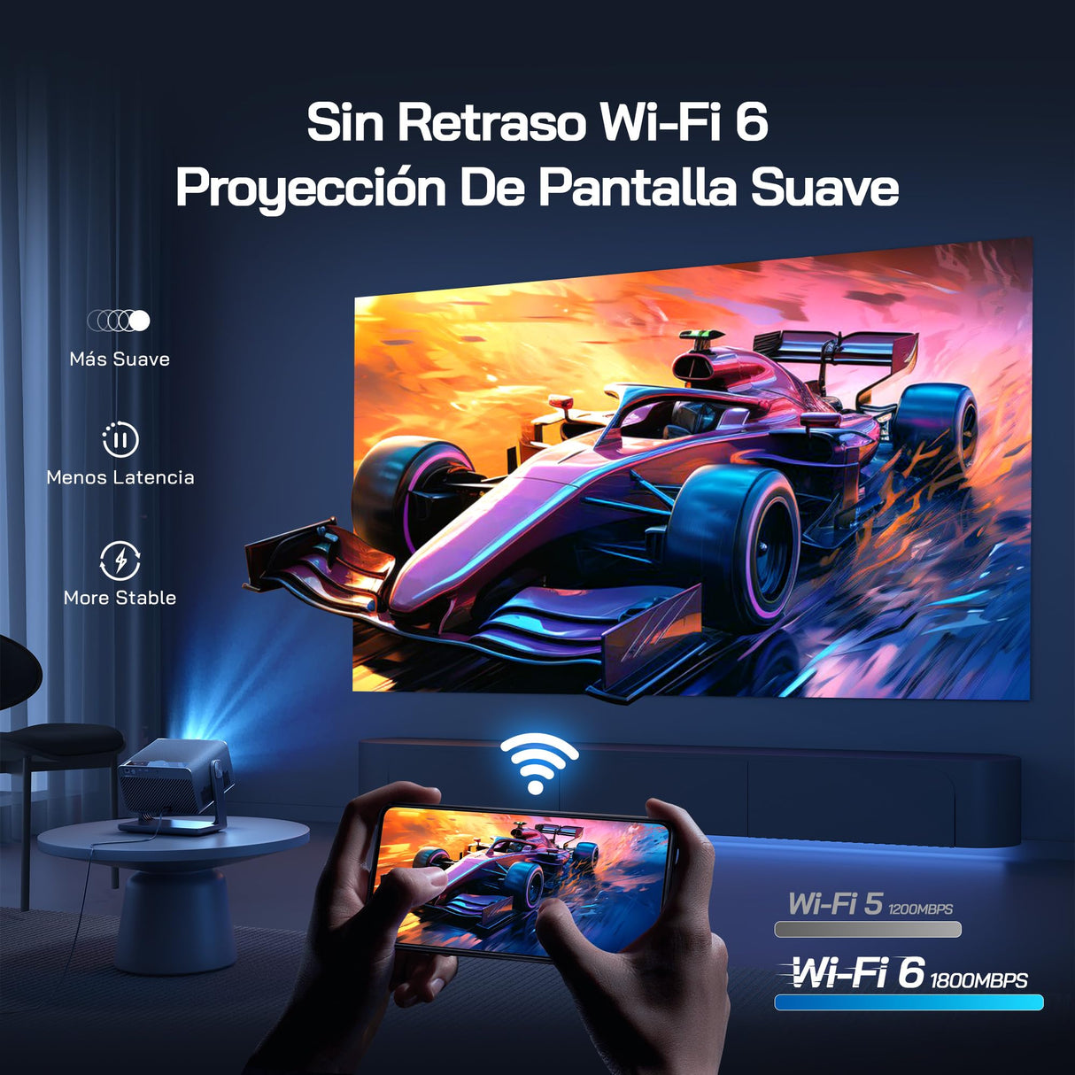 WOLFANG 28000 Lúmenes Proyector Portátil 【Netflix Oficial & Autofocus/Keystone】, Mini Proyector 4K con Bluetooth 5.2 y WiFi 6, Proyector Inteligente con Soporte de 180° para Pantalla de 300"