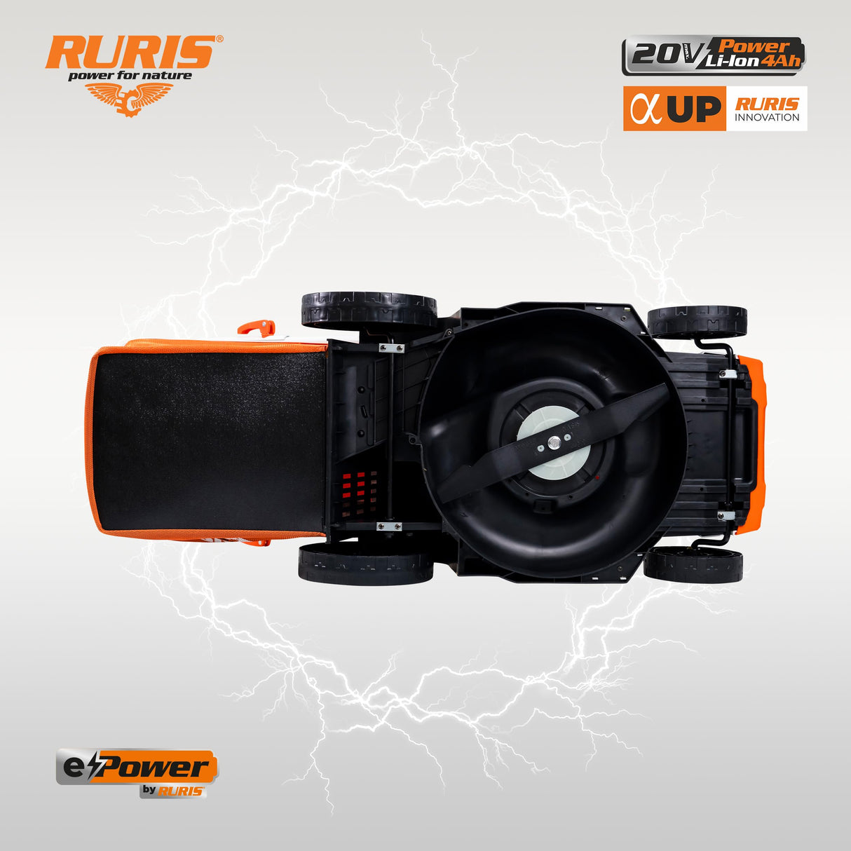 RURIS - Cortacésped inalámbrico RXI3744e - Ancho de Corte 37 cm, Altura 25-75 mm, función 3 en 1 (recolección, expulsión Trasera, Mulching), 2 baterías de Litio de 20 V y 4 Ah y Cargador Doble