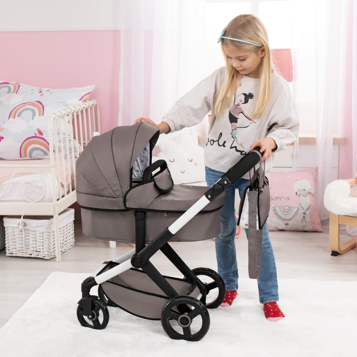 Bayer Design 17086AB Cochecito de muñeca Combi Xeo, Carro para muñecos, Bolsa, Convertible, Regulable en Altura