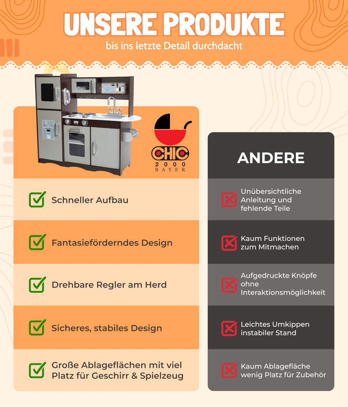 Bayer Chic 2000 - Cocina de Juguete de Madera para niños a Partir de 3 años, Cocina Infantil, marrón, Plata