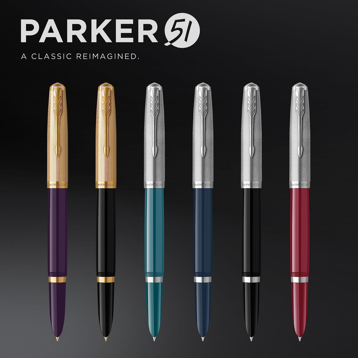 Parker 51 pluma estilográfica | cuerpo negro con adorno cromado | plumín fino con cartucho de tinta negra | estuche de regalo