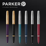 Parker 51 pluma estilográfica | cuerpo negro con adorno cromado | plumín fino con cartucho de tinta negra | estuche de regalo