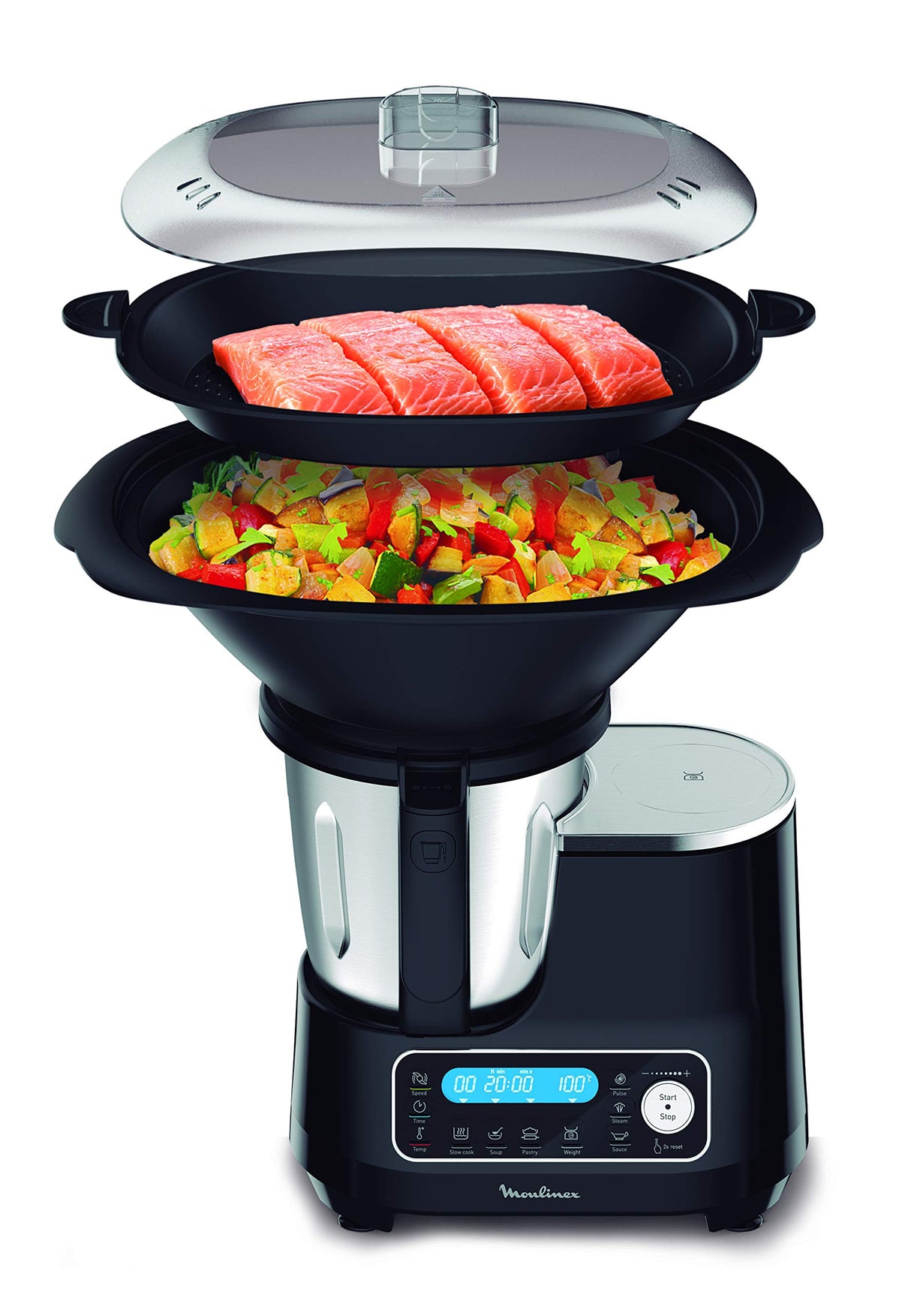 Moulinex HF456810, ClickChef Cocina multifunción compacta, 1400 W, 5 Programas, 32 Funciones, Báscula de cocina integrada, Olla a vapor, Batidora, Color Negro, 3.6 L