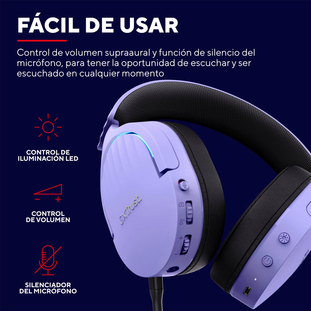 Trust Gaming GXT 491P Fayzo Cascos Gaming Inalámbricos Bluetooth + 2.4 GHz, 7.1 Sonido Envolvente, Batería de 22 Horas, Auriculares Inalámbricos RGB Over-Ear PC PS5 PS4 Switch - Morado