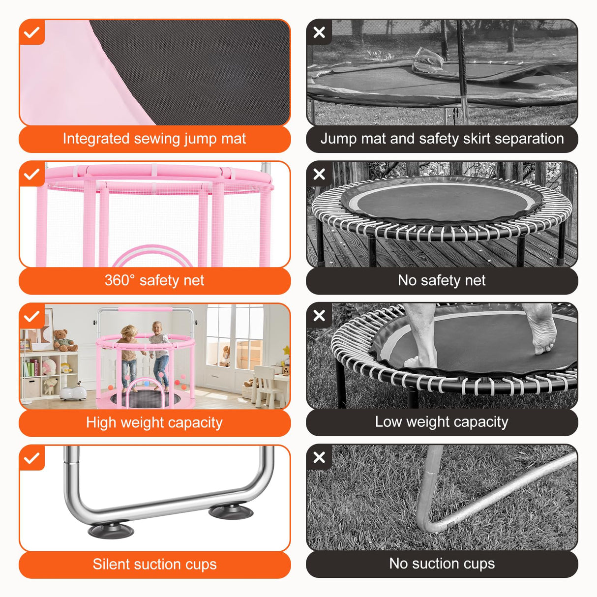 VEVOR Trampolín para Niños para Interiores y Exteriores, Mini Trampolín Recreativo para Niños Pequeños con Red de Seguridad y Aro de Baloncesto, para Niños de más de 3 Años, 1470 x (1540-1690)mm, Rosa