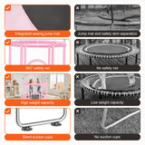 VEVOR Trampolín para Niños para Interiores y Exteriores, Mini Trampolín Recreativo para Niños Pequeños con Red de Seguridad y Aro de Baloncesto, para Niños de más de 3 Años, 1470 x (1540-1690)mm, Rosa