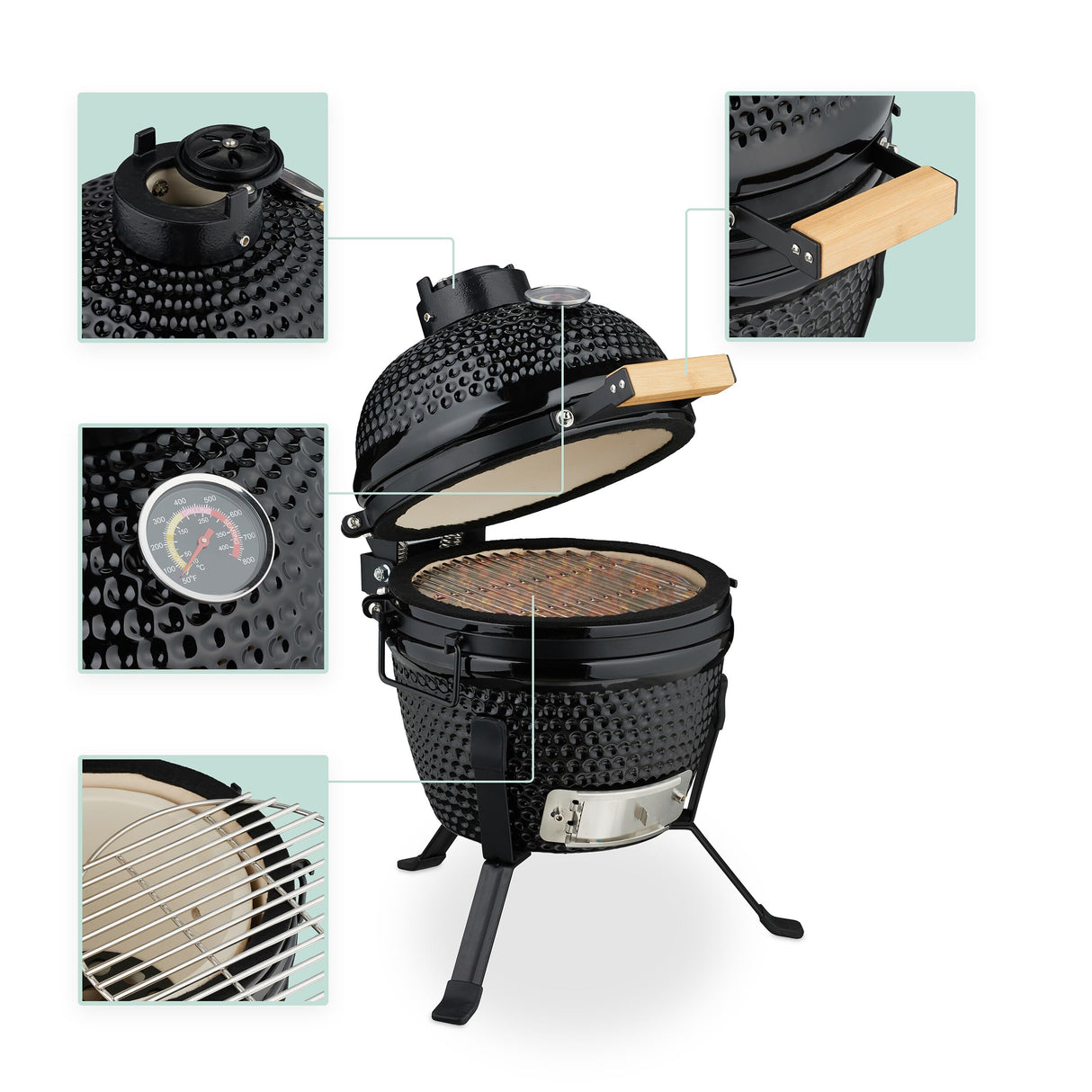 Relaxdays Barbacoa de Carbón Kamado, 26 cm Ø, Parrilla Cerámica con Termómetro hasta 450°C, BBQ, Asar y Cocinar, Negro, Acero Inoxidable, Hierro