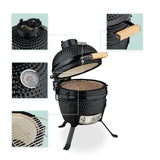 Relaxdays Barbacoa de Carbón Kamado, 26 cm Ø, Parrilla Cerámica con Termómetro hasta 450°C, BBQ, Asar y Cocinar, Negro, Acero Inoxidable, Hierro