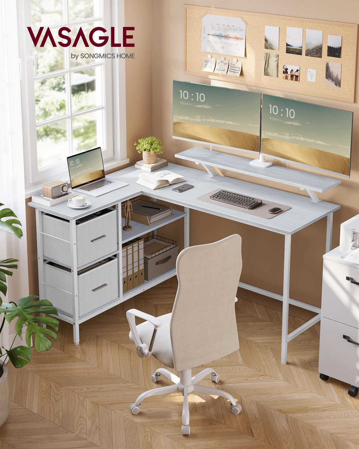 VASAGLE Escritorio en Forma de L, Esquinero, con 2 Amplios Cajones, Mesa con Soporte para Monitor, para Esquina, con Estante Ajustable, para Oficina Casa, Blanco Arce LWD098W01