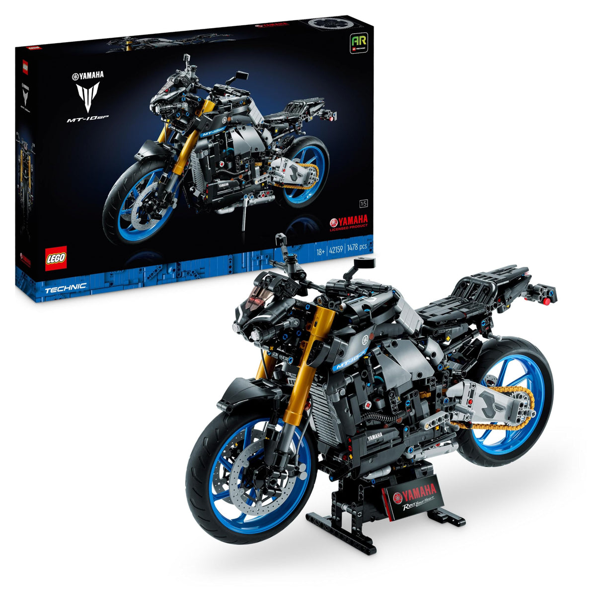 LEGO 42159 Technic Yamaha MT-10 SP, Kit de Maqueta de Moto para Adultos, Reproducción Auténtica con Motor de 4 Cilindros, Dirección Funcional y App AR, Vehículo Regalo para Hombres y Mujeres