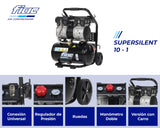 FIAC Compresor de Aire Portátil Silencioso SUPERSILENT 10, Sin Aceite, Presión Máxima 8 Bar, 1 Hp, Depósito 10 Litros, Nivel sonoro 58 dB LpA