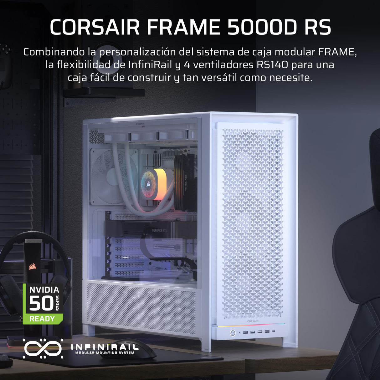 CORSAIR Frame 5000D RS Caja Modular Mid-Tower de Gran Flujo de Aire para PC – 4X Ventiladores RS Preinstalados, Sistema de Montaje de Ventiladores InfiniRail – Blanc