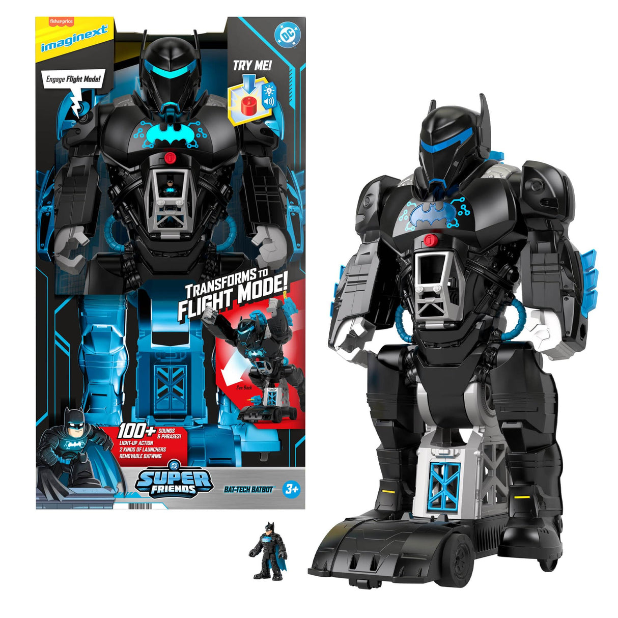 Fisher-Price Imaginext DC Super Friends Bat-robot con Bat-tecnología, robot 2 en 1 que se transforma y conjunto de juego de Batman con luces y sonidos para niños y niñas de 3 a 8 años