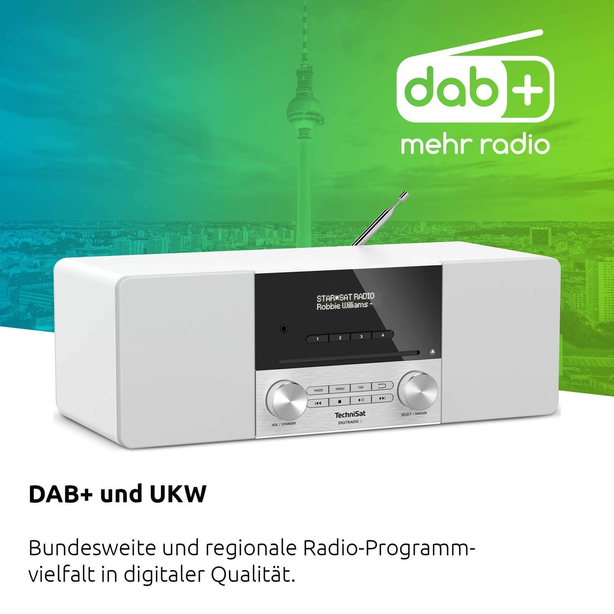 TechniSat DIGITRADIO 3 - Sistema Compacto de Radio Estéreo Dab (Dab+, FM, Reproductor de CD, Bluetooth, USB, Conexión para Auriculares, Entrada AUX, Radio Reloj Despertador, Pantalla OLED) Blanco