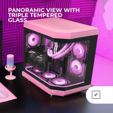 Mars Gaming MC-3T, Caja Gaming Custom ATX, Triple Ventana Cristal Templado Continuo, Soporte Refrigeración Líquida Completo, Cámara Dual Lateral, 3X Slots PCI Verticales, USB-C y USB 3.0, Rosa