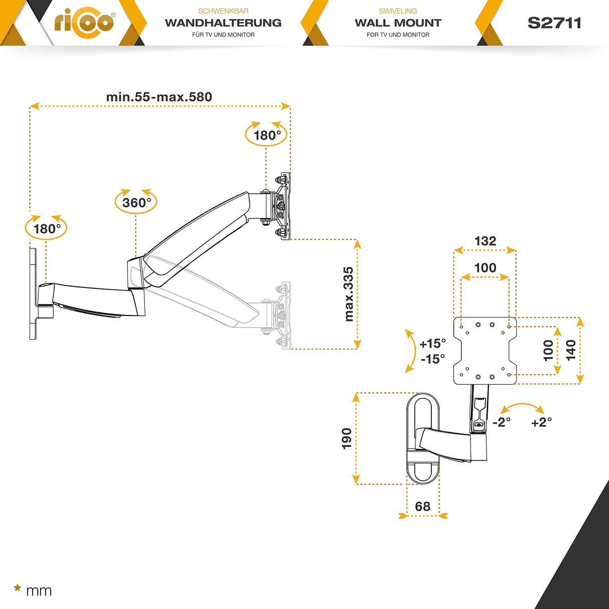 RICOO Soporte Monitor Pared Giratorio Inclinable Monitores PC 15-33" (38-84cm) S2711 Brazo Universal Pantallas Ordenador LED/LCD VESA 100x100