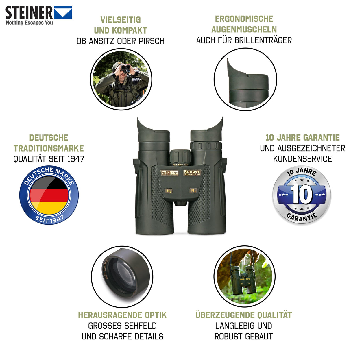 STEINER Prismáticos de Caza Ranger Xtreme 8x42 - Óptica de Calidad Alemana, Calidad de Imagen Brillante, Detalles nítidos, Gran Campo de visión, Compacto y versátil