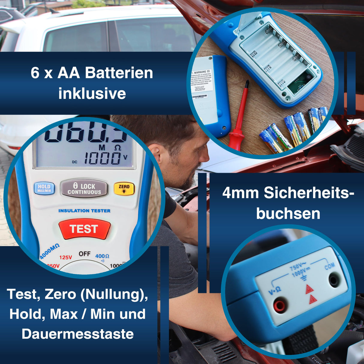 PeakTech 2695 – Probador de aislamiento, calibrado, probador de continuidad, voltímetro, circuitos, fusibles, mínimo/máximo, retención de datos, TUV/GS - 125V, 250V, 500V, 1000V