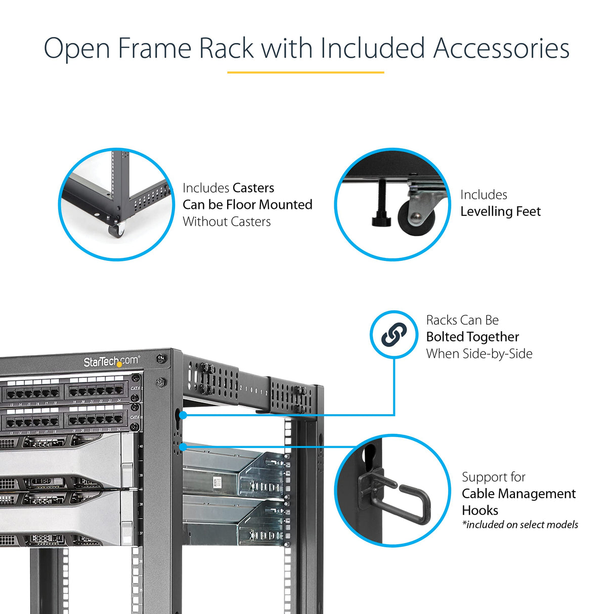 StarTech.com Rack 18U Móvil de Marco Abierto de 4 Columnas para Servidores, Rack de Cuatro Columnas de 19 Pulgadas para Equipo de Red e Informático, Ruedas o Patas Niveladoras, 4POSTRACK18U