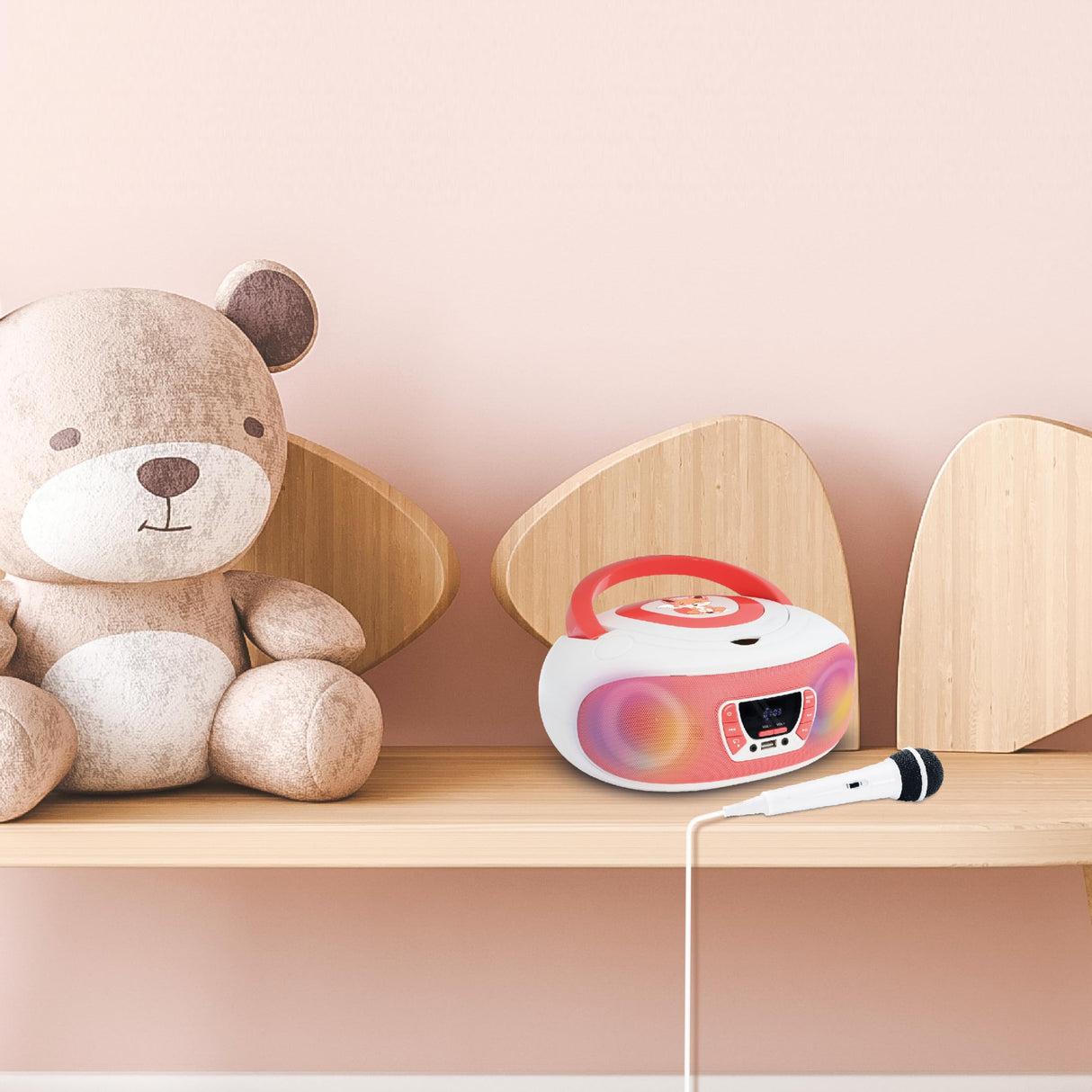 Mooov 477409 - Radio CD FM, Efectos Luminosos, función inalámbrica, USB, Pantalla LED, función Karaoke con Micro AUX-IN, Blanco y Rosa