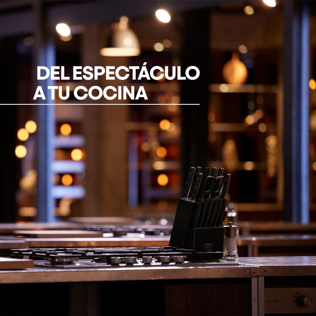 MasterChef Juego de Cuchillos de Cocina Profesional con Soporte, con Cuchillo Chef, Cebollero, Santoku, Pan, Chuleteros, Afilador y Tijeras, Acero Inox con Alto Carbono, Asas Triple Remache, 15 Piezas