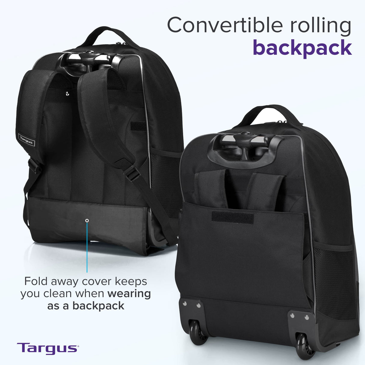 Targus Mochila compacta con ruedas para negocios, estudiantes universitarios y viajes, material duradero, bolsillo para tableta, funda protectora extraíble para laptop de 16 pulgadas, color negro