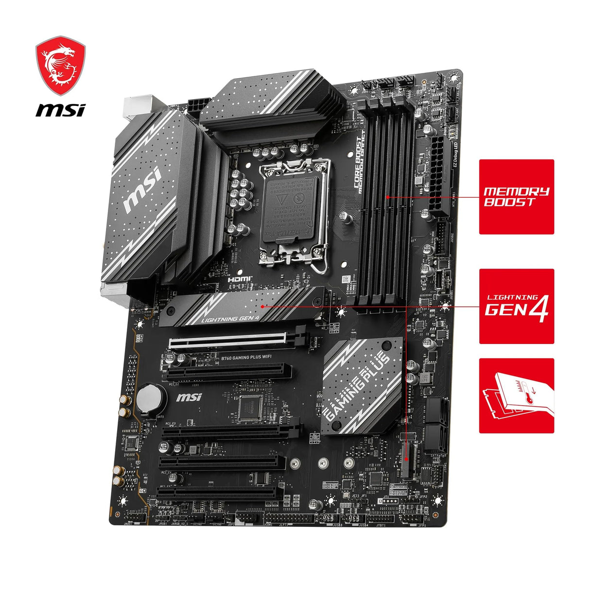 Msi B760 Gaming Plus Wi-Fi 6E - Placa Base ATX, LGA 1700, 12a y 13a Generación de Core, Memoria DDR5, Ranuras PCIe 4.0 x16 Dobles, Incluye un Módulo Intel con Bluetooth 5.3 y LAN a 2.5 Gbps