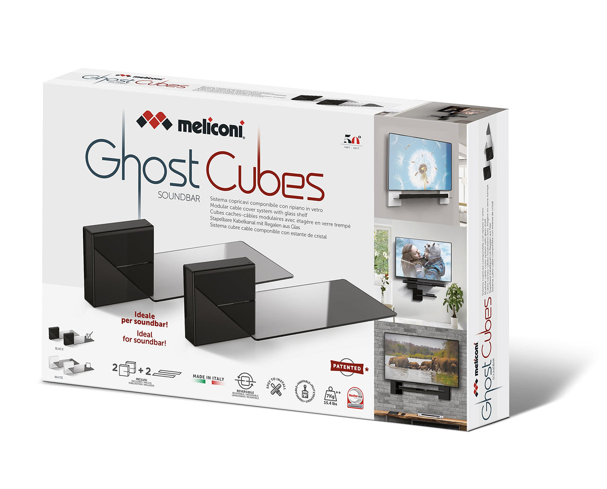 Meliconi Ghost Cube Soundbar Negro, Sistema de Cubierta de Cable Modular con Estante de Cristal para Barra de Sonido