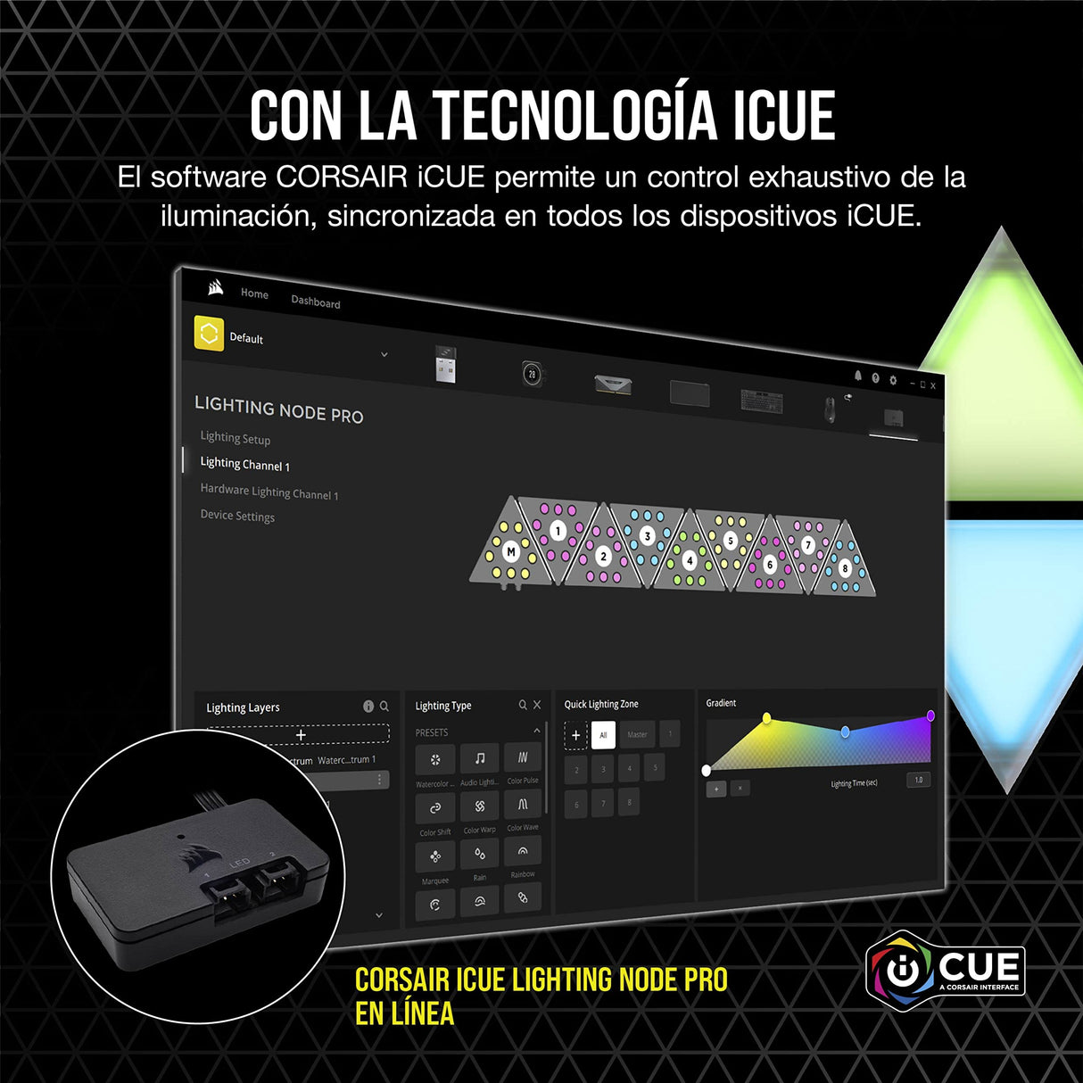 Corsair iCUE LC100 Paneles de iluminación para chasis - Minitriángulos - Kit de inicio de 9 paneles (81 LED con difusión de la luz, Sencillo acoplamiento magnético, iCUE Lighting Node PRO incluido)