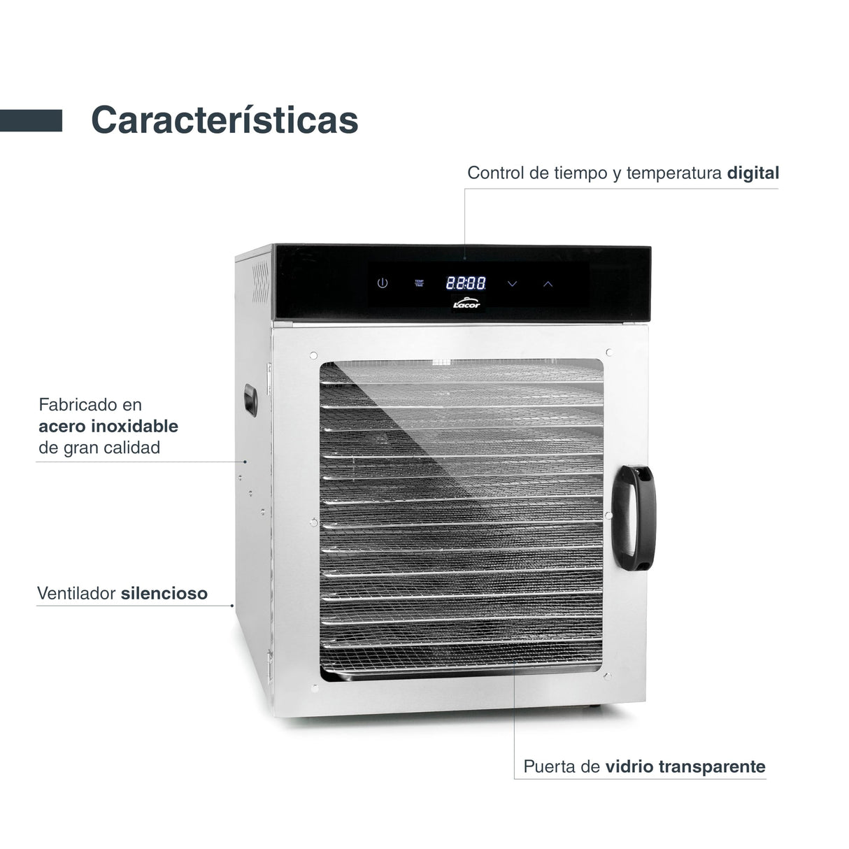 Lacor - 69524 - Deshidratador de Alimentos Dry, Gran Capacidad 14 Bandejas, Puerta Vidrio Transparente, Ventilador Silencioso, Protección Sobrecalentamiento, Uso Profesional, Acero Inoxidable, 1000W