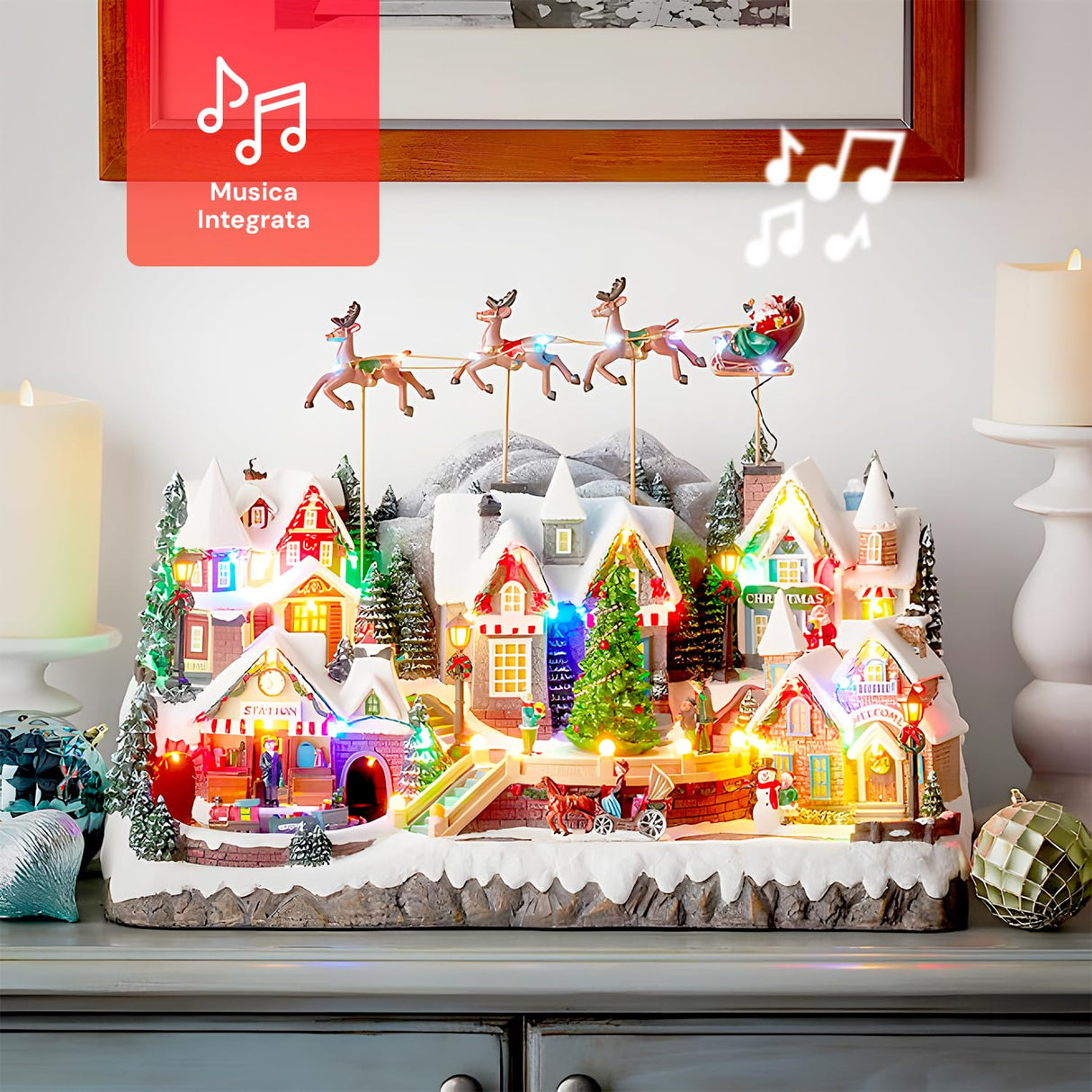 Avilia Pueblo de Navidad en Movimiento con música y Luces LED 37 x 55 x 33 cm – Fabricado con Materiales Resistentes y es Ideal para Decorar tu casa en Las Fiestas navideñas