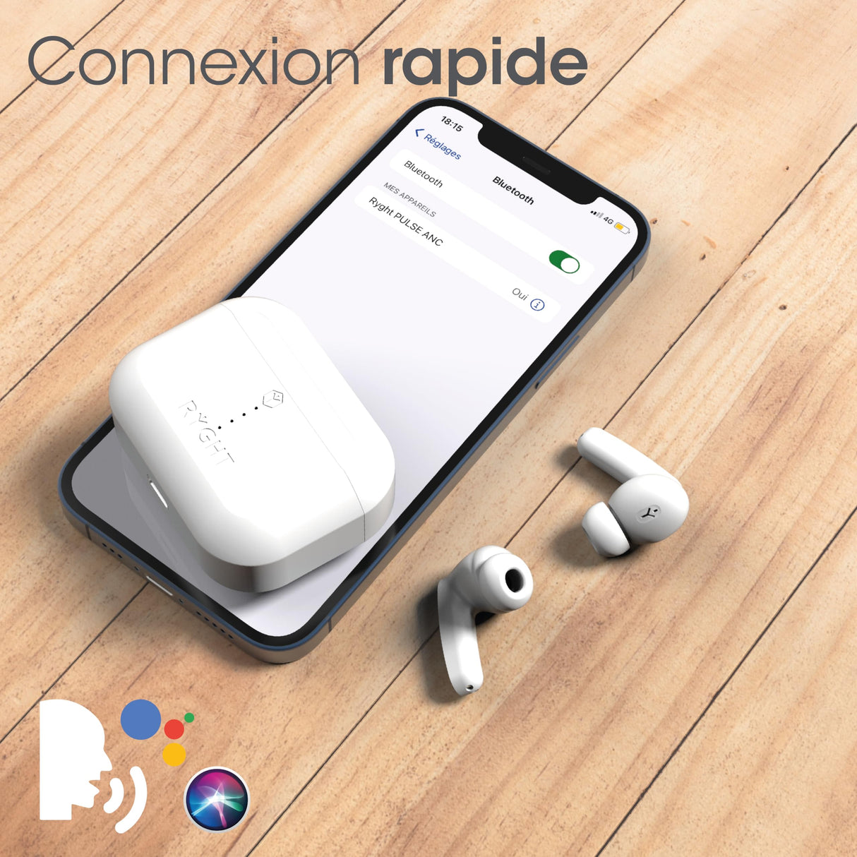 RYGHT - Pulse ANC - Auriculares Bluetooth inalámbricos con tecnología de reducción de Ruido (Active Noise Canceling) - Autonomía 6H + 30H de Carga en la Caja - Blanco