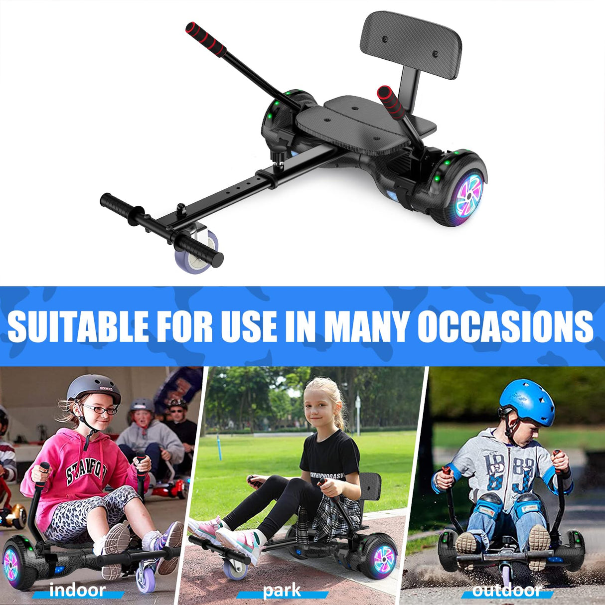 Hoverboard avec siège, Hoverboard à deux roues de 6,5 pouces avec haut-parleur Bluetooth et lumières colorées, scooter auto-équilibrant pour enfants (Go-Kart inclus)