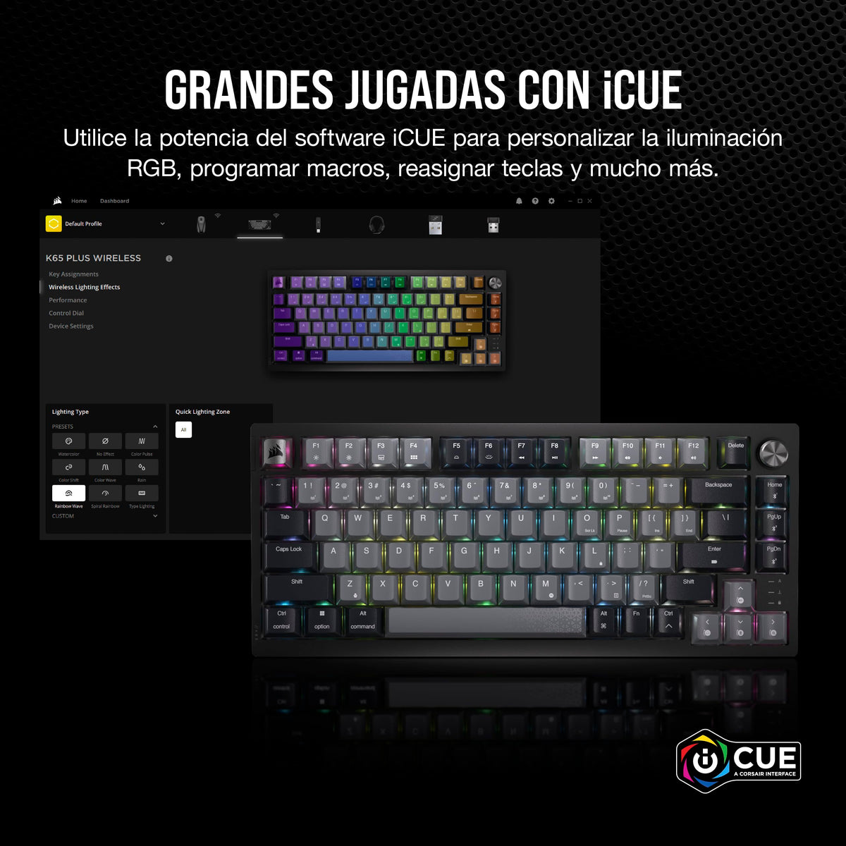 CORSAIR K65 PLUS WIRELESS 75% RGB Teclado Mecánico para Juegos Intercambiable en Caliente - Interruptores Lineales Rojos CORSAIR MLX Prelubricados - Insonorización - Teclados PBT - QWERTY ES - Negro
