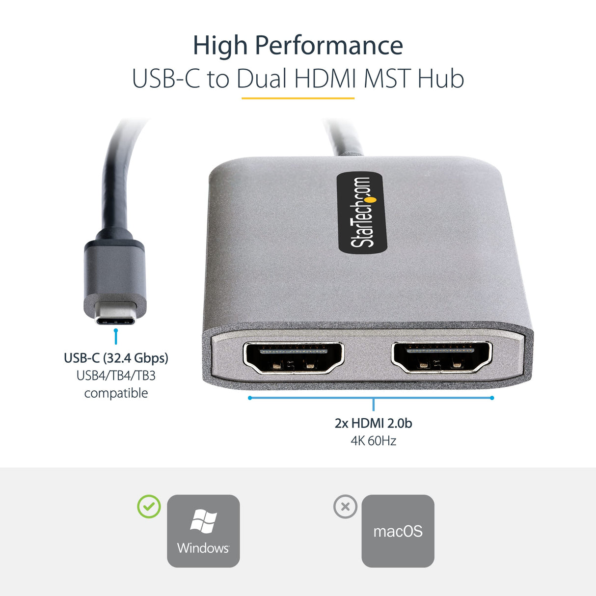 StarTech.com Adaptador USB-C a HDMI Doble, Hub MST USB Tipo C, Divisor Extensor de Monitor HDMI 4K 60Hz, HDR, Cable Extra Largo, Solamente para Windows (MST14CD122HD)