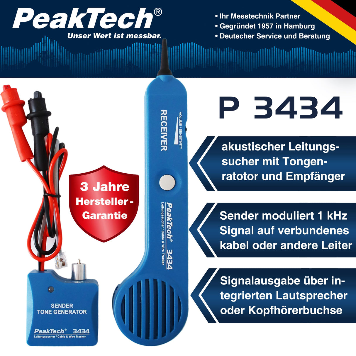 PeakTech P 3434 - Buscador de cables y cables de teléfono con comprobador de paso y señal de sonido