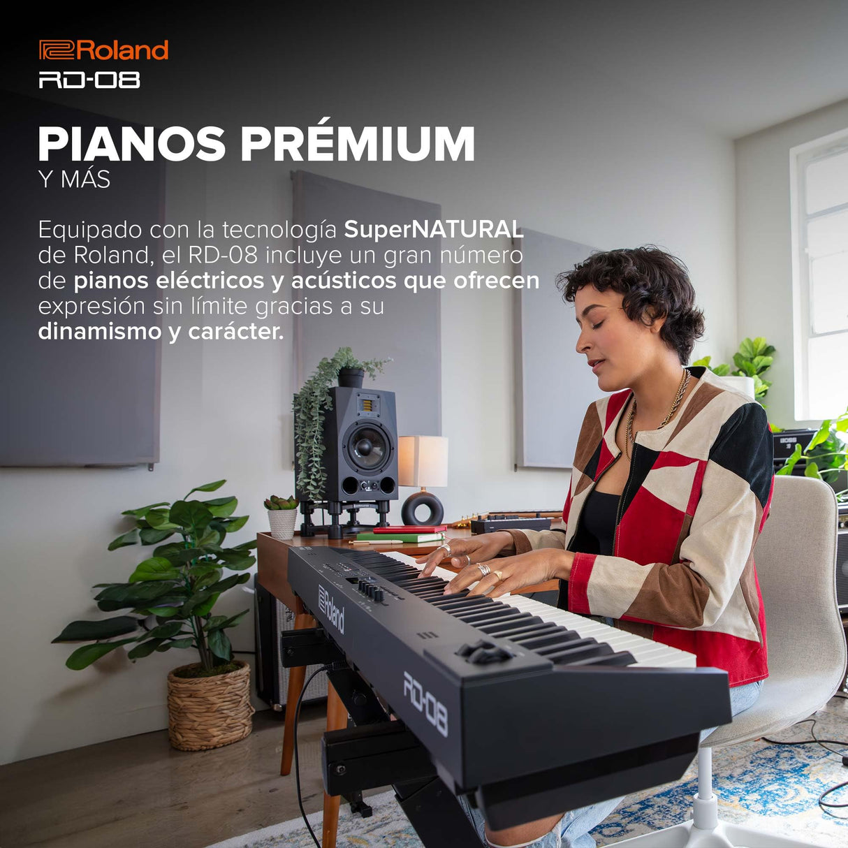 Piano de escenario Roland RD-08 | Sonido y ejecución RD auténticos | Diseño estilizado | Teclado PHA-4 contrapesado de 88 notas | Características ampliables | +3.000 sonidos integrados