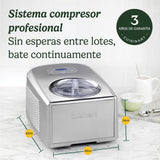 Cuisinart Heladera Profesional ICE100E Heladera con compresor 1.5L, Maquina para hacer helado, gelato, sorbetes y yogur helado casero, 150W, Helado al instante, Acero inoxidable, Color Plateado