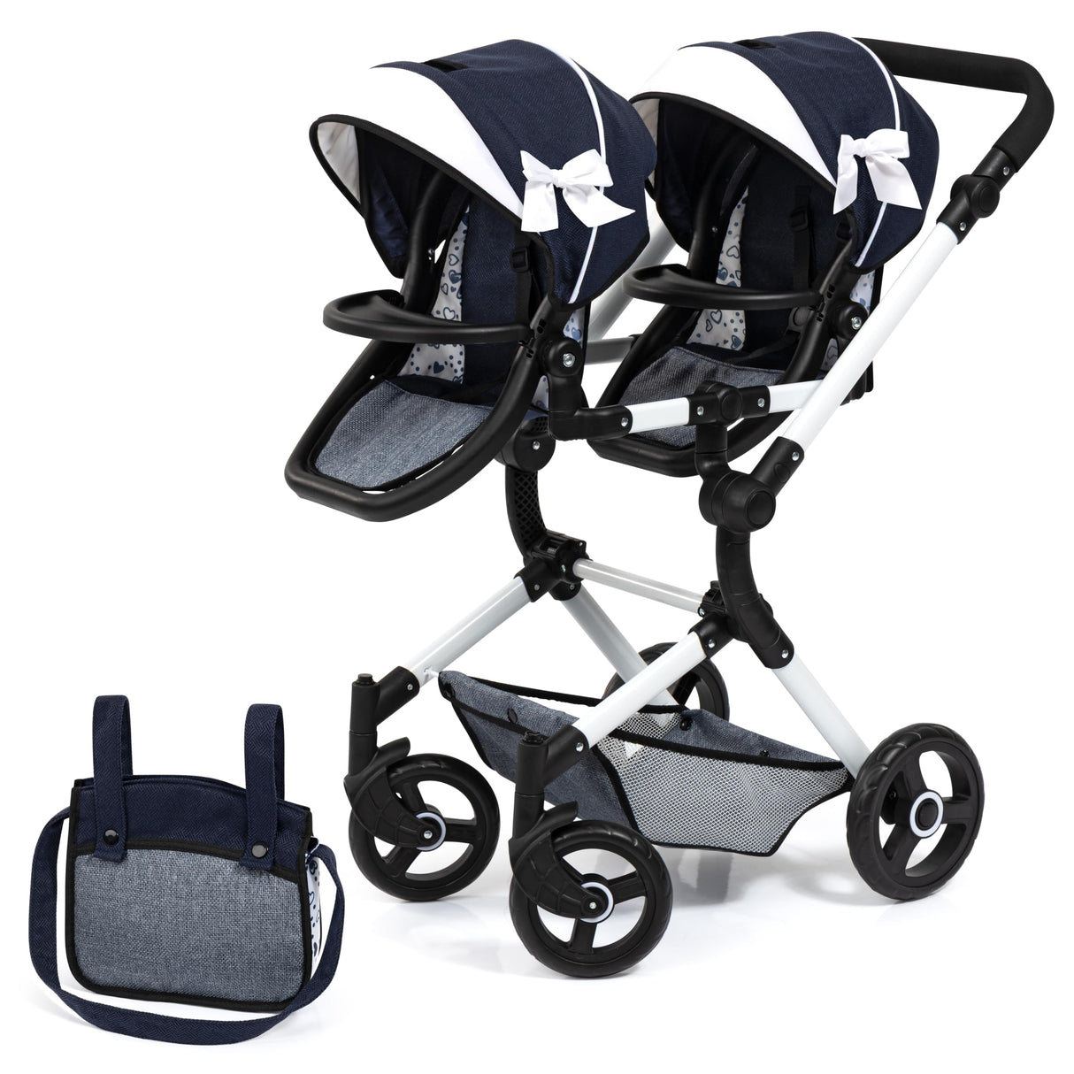 Bayer Design 26281AA Cochecito de muñeca gemelas, Carrito Paseo para muñecos, Ajustable en Altura, Plegable, con Bolsa
