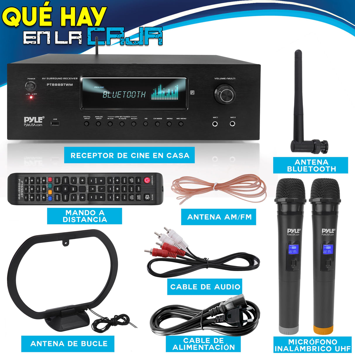 Pyle Amplificador de Sonido, 1000W, Bluetooth, Inalambrico, Sistema Receptor de Karaoke y Cine, para el hogar, Microfono inalambrico, 5.2 Canales, MP3/USB/HDMI/AM/FM Radio