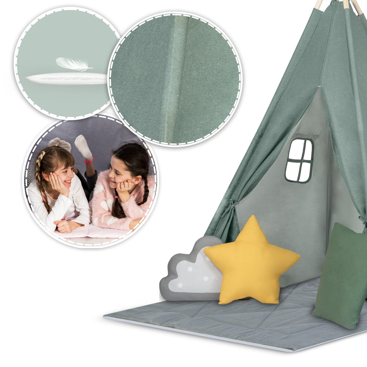 Nukido, Tienda Infantil Tipi Teepee Verde con Guirnalda, Almohadas, estabilizador Grande