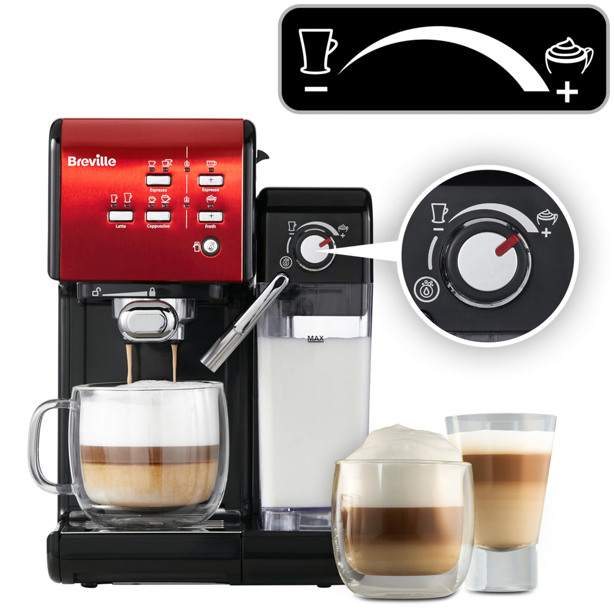 Breville Prima Latte II Espresso | Cafetera para latte y capuchino | Bomba profesional de 15 bares y espumador | Rojo [VCF109X]