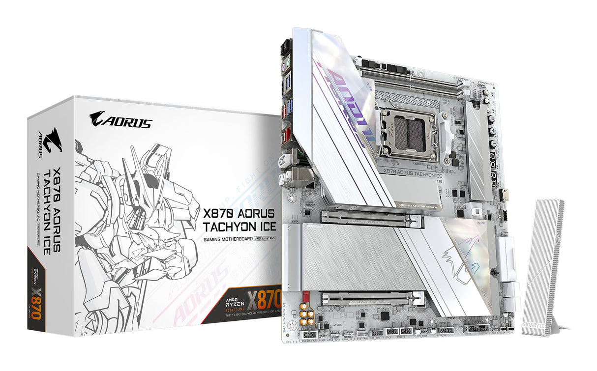 GIGABYTE X870 AORUS Tachyon Ice Placa Base – Compatible con procesadores AMD Ryzen 9000, VRM Digital de 18+2+2 Fases, hasta 9600 MHz DDR5 (OC), 1 x PCIe 5.0 + 2 x PCIe 4.0, Wi-Fi 7, LAN 5 GbE, USB 4
