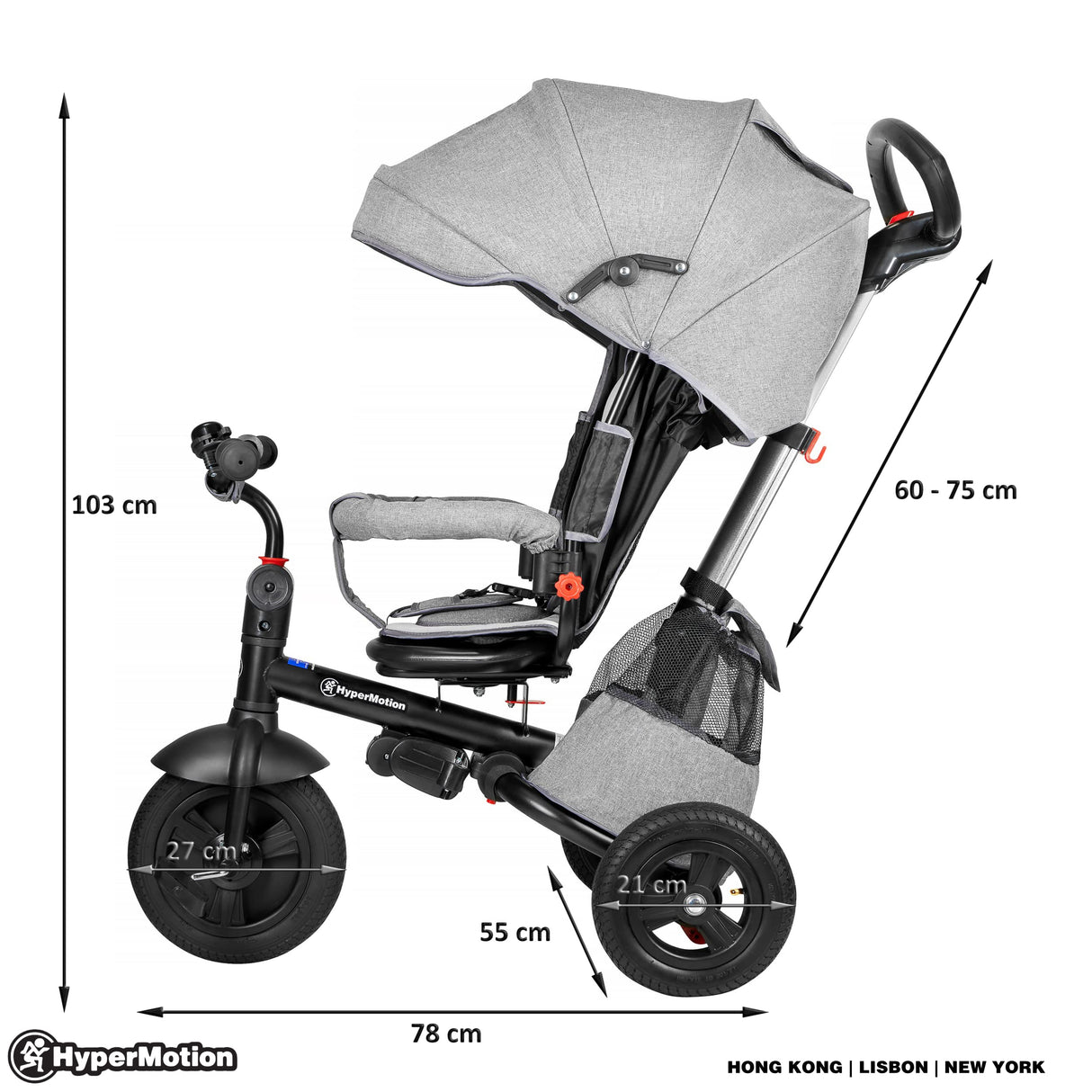 HyperMotion Triciclo Infantil 3 en 1 - Coche para Bebé con Asiento Giratorio y Cubierta de Lluvia - Triciclo Evolutivo 12 Meses a 5 Años, Plegable, Ruedas Bombeadas, 25kg, Gris