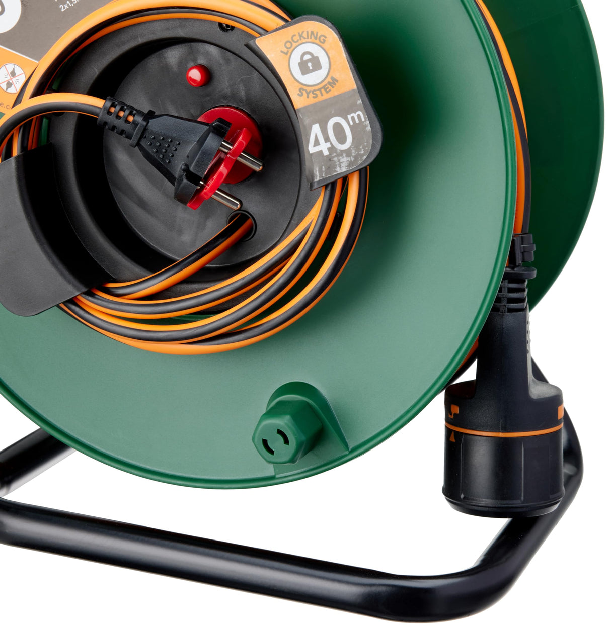 Electraline 49248 Alargador con Enrollacables 40 m, Sistema Antidesconexión Electralock, 2 x 1,5 mm², Negro y Naranja