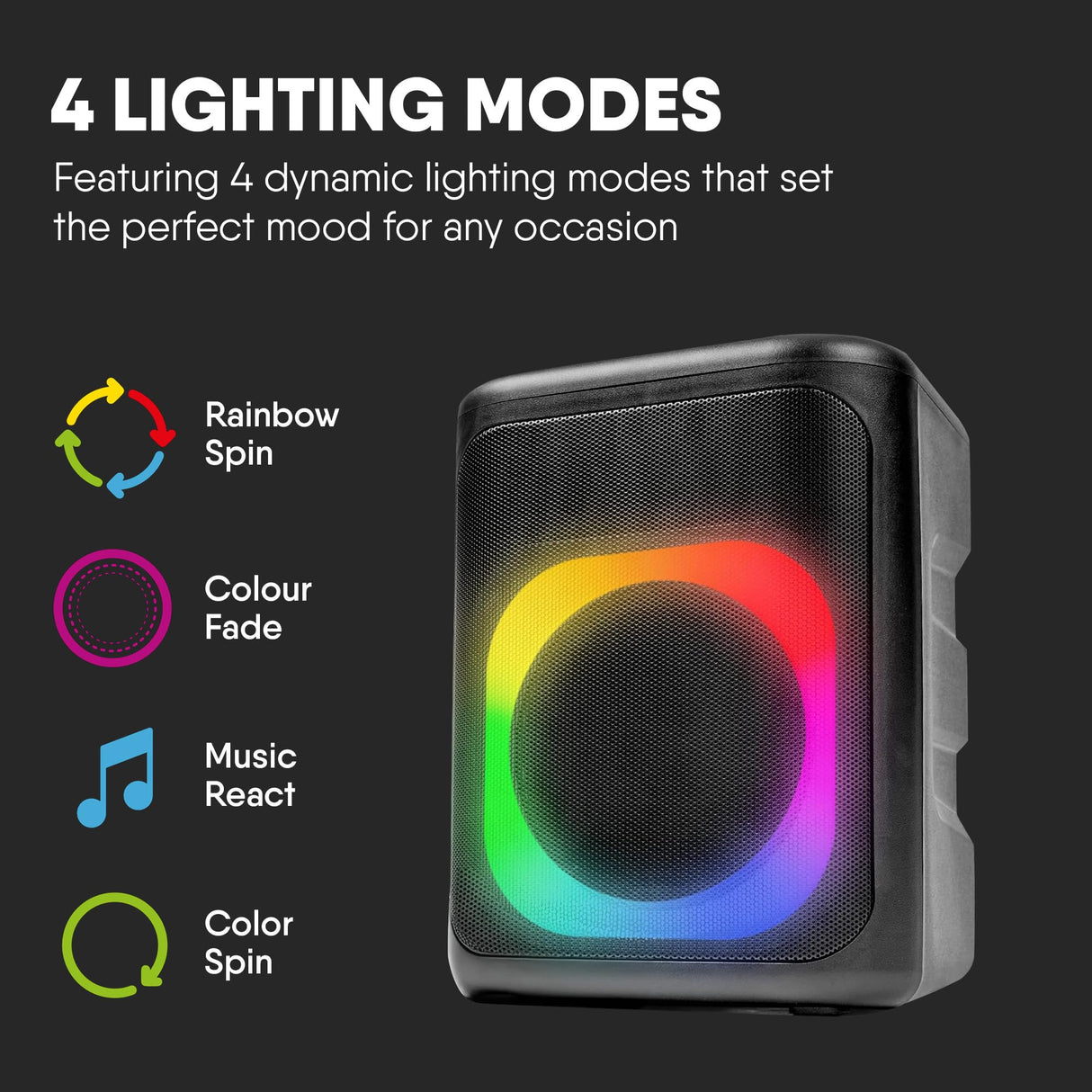 Carry-on Soundtrack Altavoz Bluetooth portátil para Interiores y Exteriores con Luces integradas IPX4 a Prueba de Salpicaduras, 2 entradas de micrófono, Bluetooth, 3 Horas de reproducción