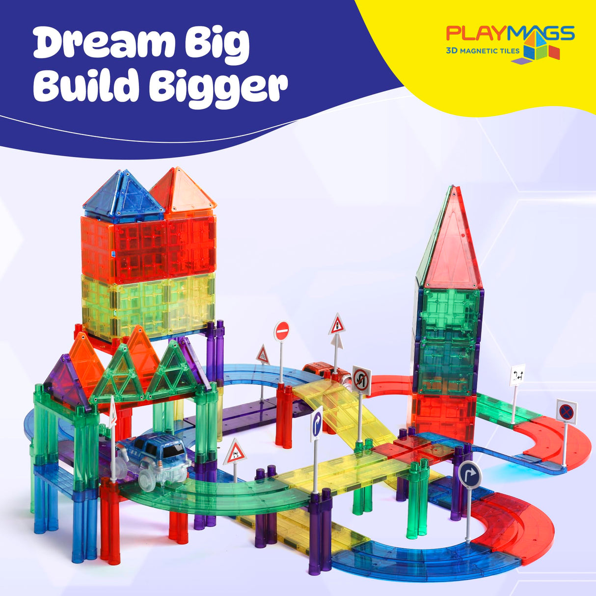 Playmags Juego de 200 Piezas con fichas magnéticas, Pista de Carreras, Incluye 2 Autos de Carreras eléctricos motorizados, para niños de 3 años en adelante