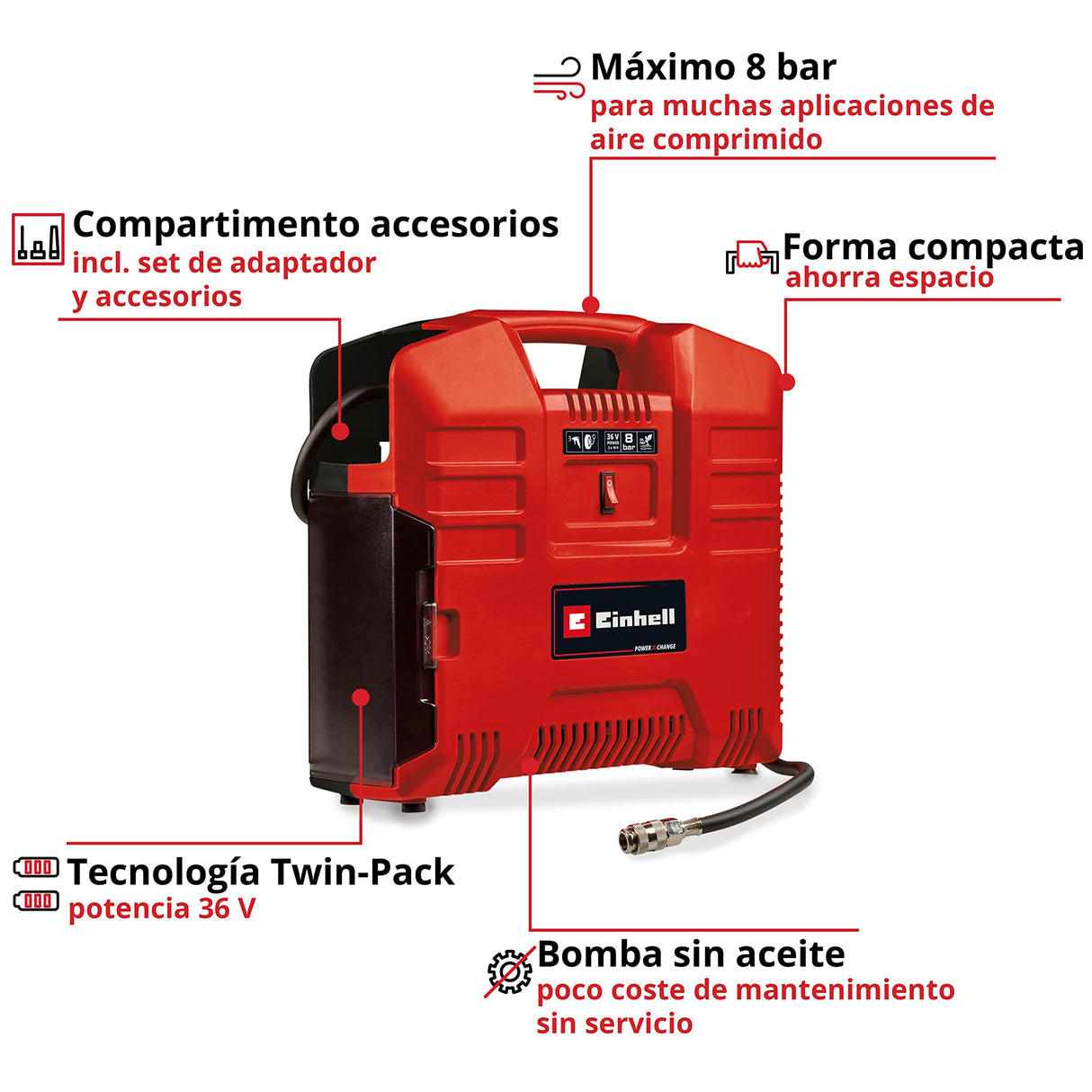 Einhell Compresor de maletín con batería TE-AC 36/8 Li OF Set-Solo Power X-Change (36 V, máx. 8 bar, sin aceite, potencia de aspiración 130 l/min, incl. set adaptador de 3 pz., sin batería)