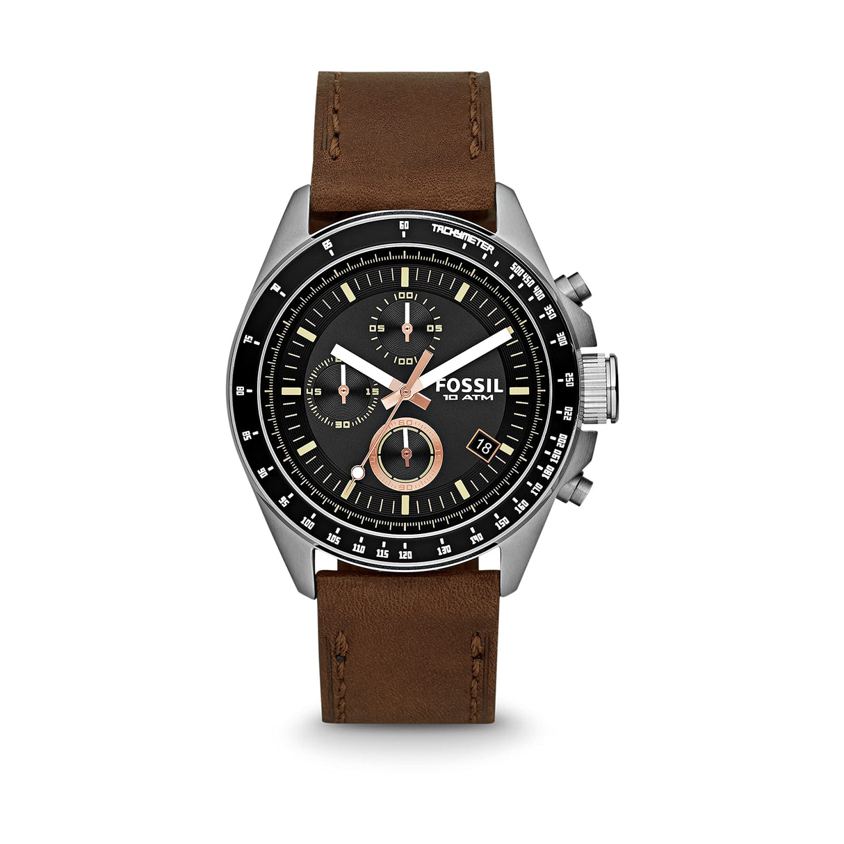 Fossil Reloj para Hombre Decker, movimiento Cronógrafo Cuarzo, 44mm Plata / Acero Caja de acero con correa de piel, CH2885