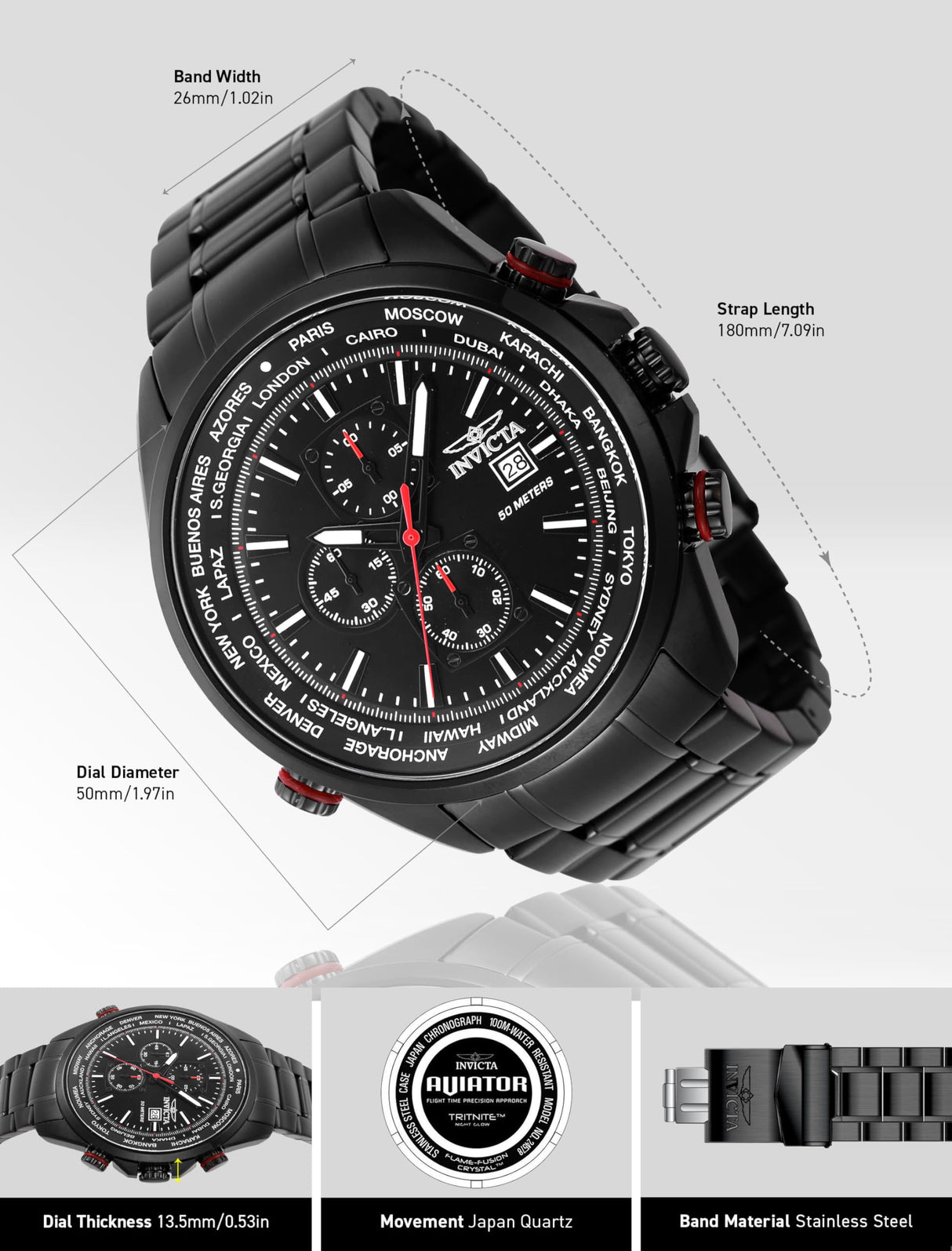 INVICTA Aviator Reloj Cuarzo para Hombre de Acero Inoxidable - 50mm